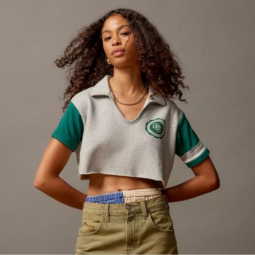 BDG urban outfitters Cam Cropped Sweatshirt Gray and Green varsity Sweatshirt